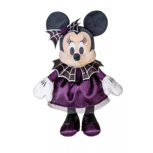 Minnie Mouse plush doll dressed in a purple and black spider web Halloween costume for custom gift baskets