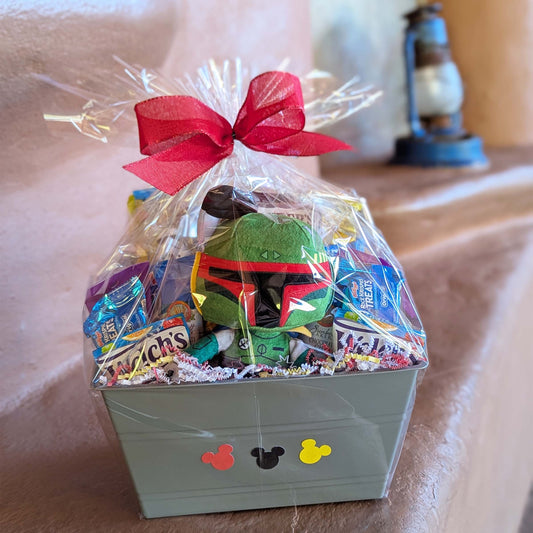 Custom Star Wars Boba Fett gift basket filled with a licensed plush toy, assorted snacks, and treats for Orlando resort delivery