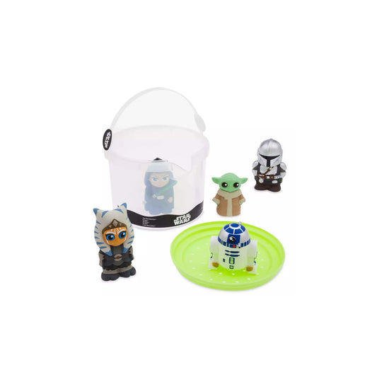 Set of Star Wars character bath toys, including The Mandalorian, Grogu (Baby Yoda), Ahsoka Tano, and R2-D2, with a container for themed Orlando resort gift baskets