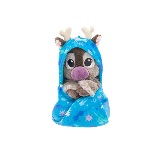 Disney Frozen Sven plush toy in a blue snowflake-patterned swaddle, included in custom gift baskets for Walt Disney World and Universal Orlando resort deliveries
