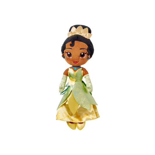 Plush toy of Disney's Princess Tiana wearing her signature yellow dress and tiara, perfect for themed Orlando resort gift baskets