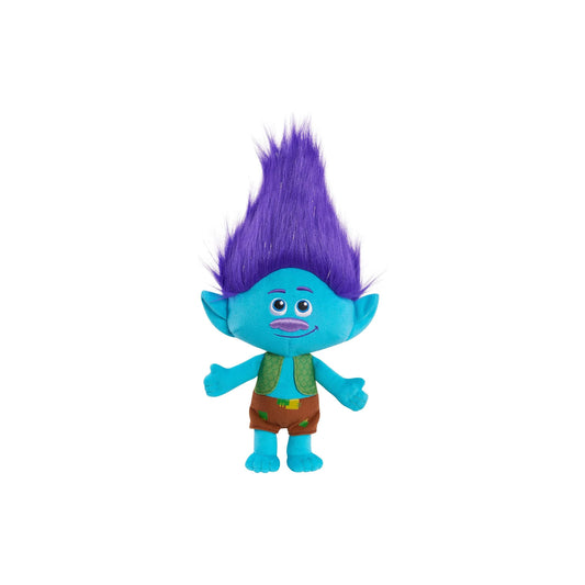 Licensed DreamWorks Trolls 13-inch Branch plush toy with purple hair for custom Orlando theme park resort gift baskets