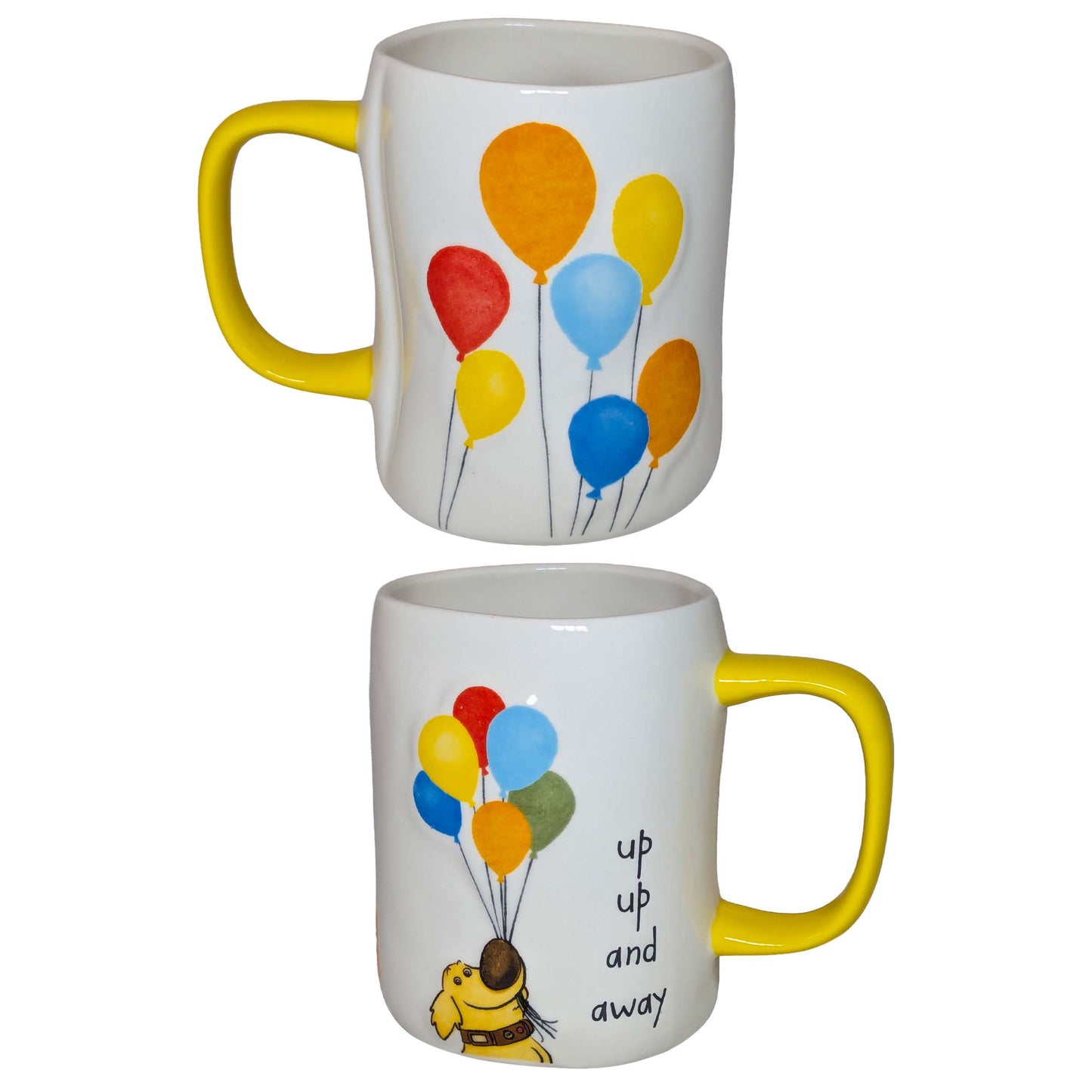 UP-themed ceramic mug featuring colorful balloons and the phrase "up up and away," perfect for themed Orlando resort gift baskets